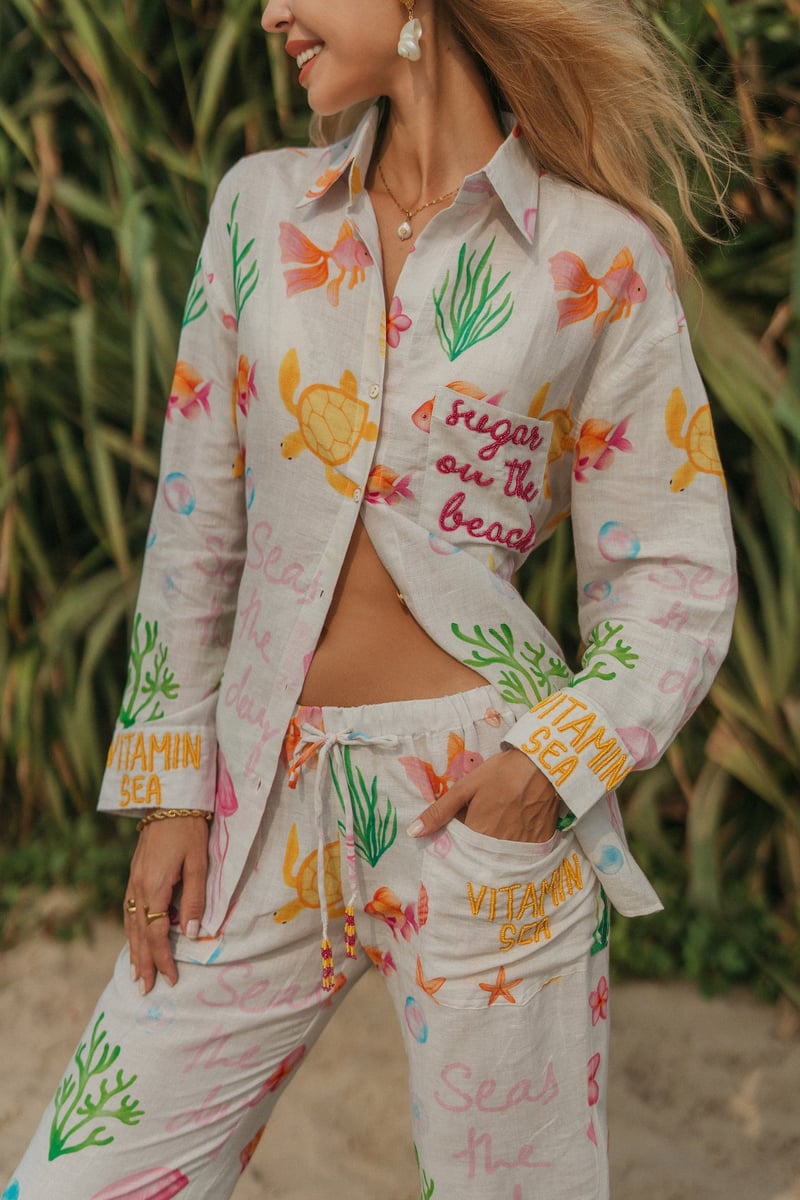 White Printed Linen Bootcut Trousers with Drawstring Waist