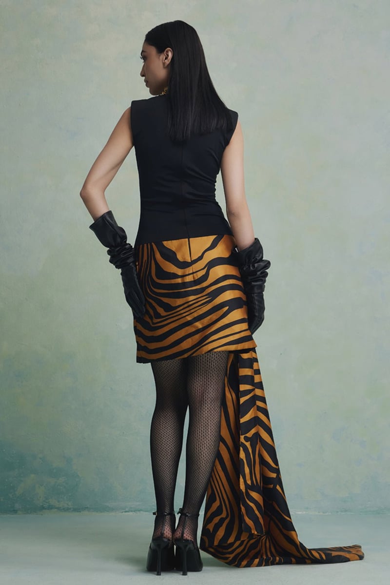 Black and Yellow Animal Print Draped Mini Dress