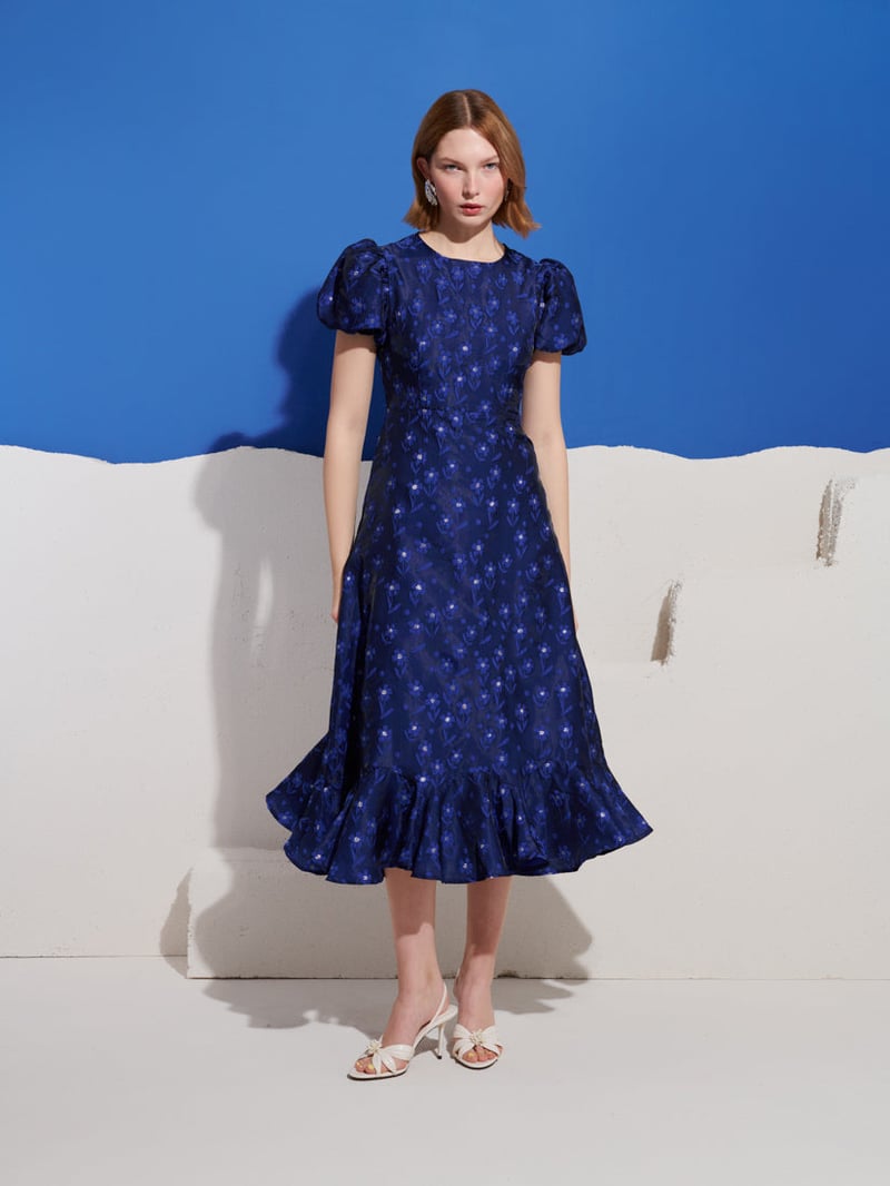 Cobalt Blue Floral Jacquard Puff Sleeve Midi Dress