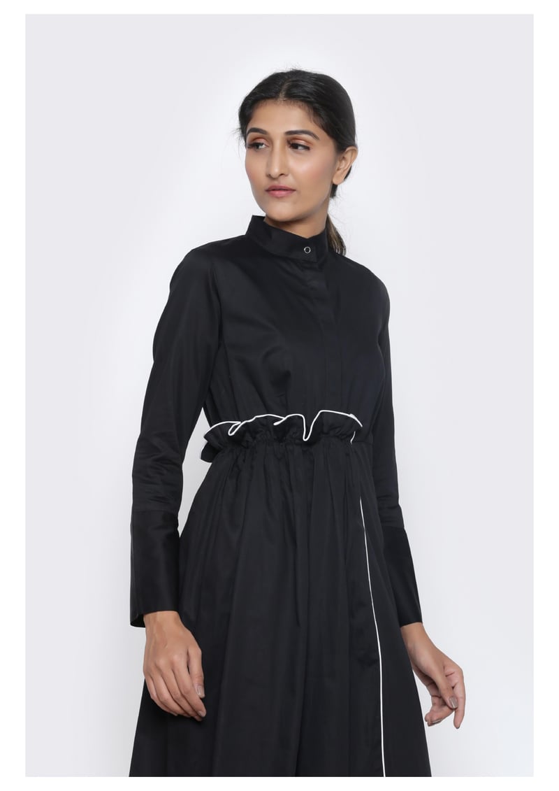 Black Cotton Satin Asymmetrical Midi Shirt Dress
