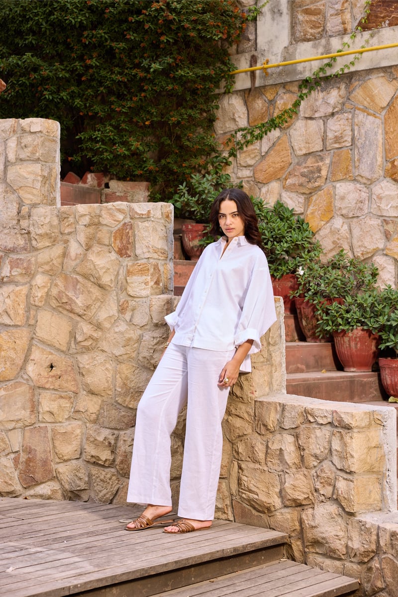 White Linen Blend Shirt and Wide-Leg Pants Co-ord Set