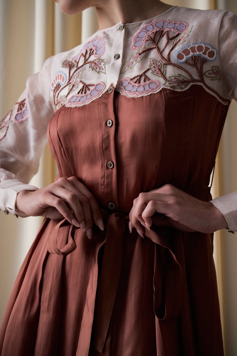 Mocha Fit and Flare Dress with Sheer Embroidered Yoke