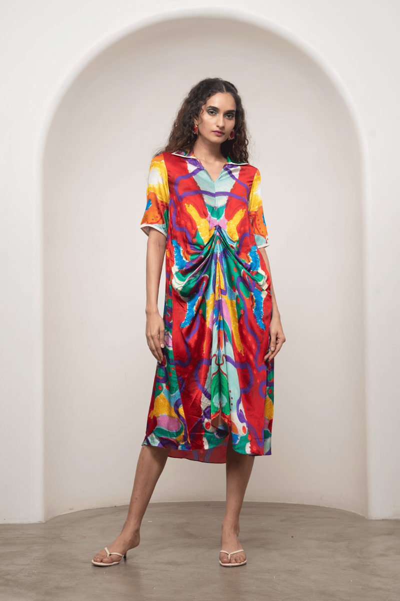 Multicolor Abstract Print Draped Midi Shirt Dress