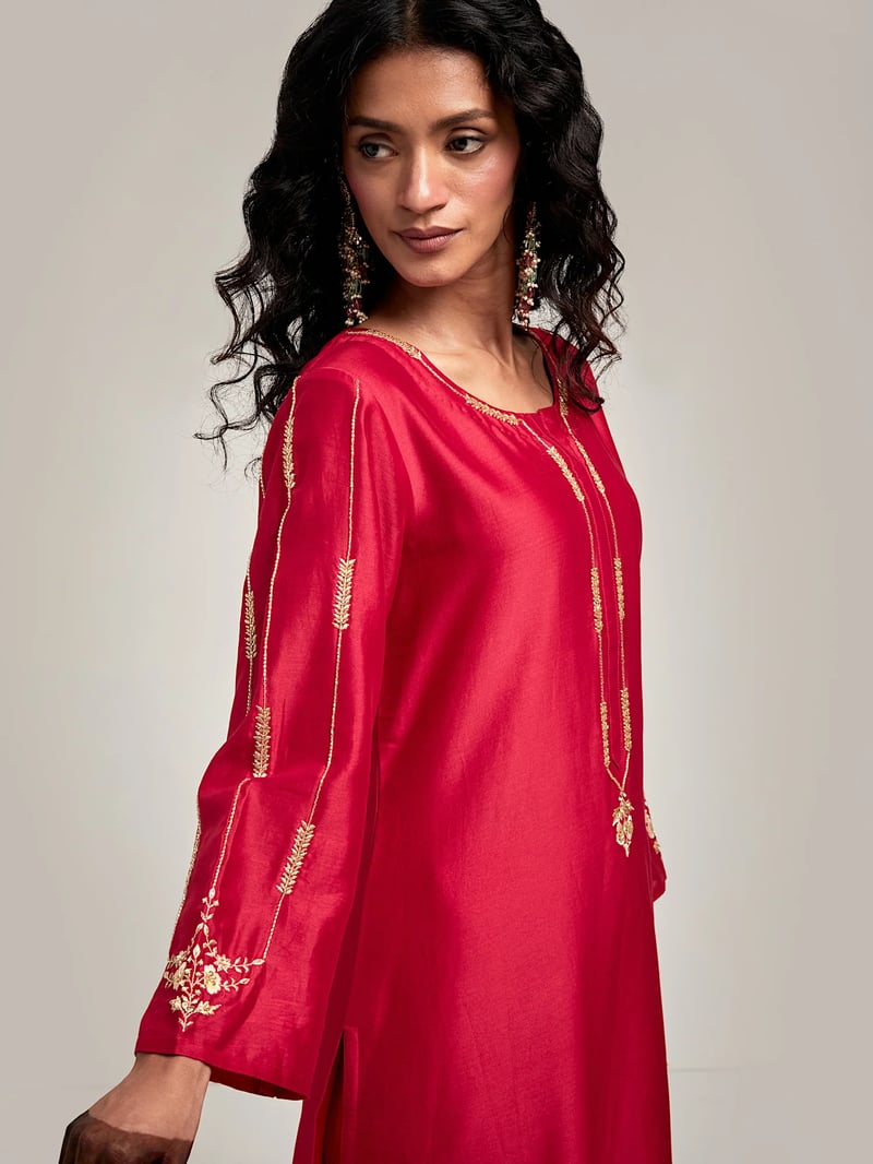 Red Silk Chanderi Embroidered Straight Kurta