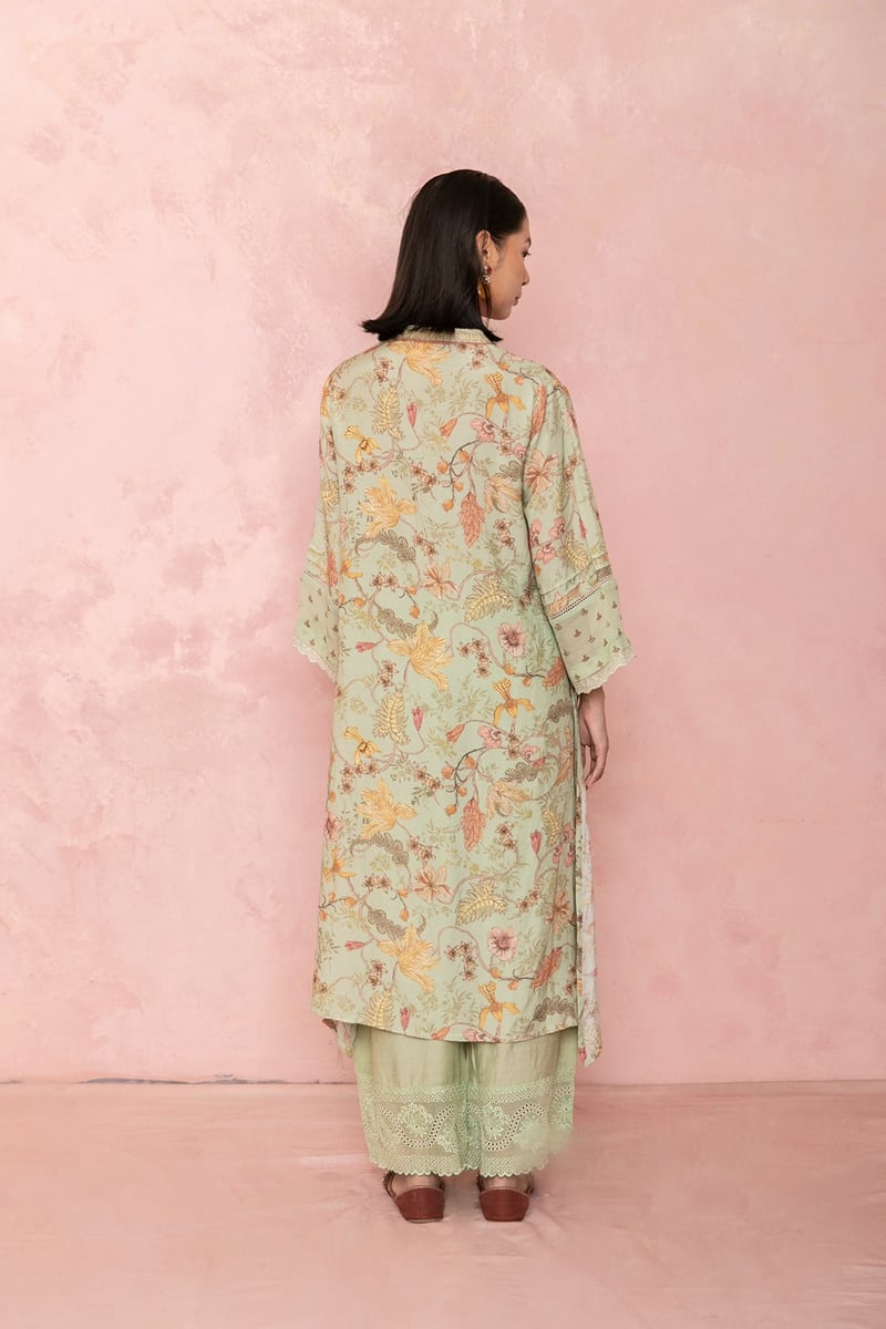 Green Floral V-Neck Kurta and Straight Pants Co-ord Set