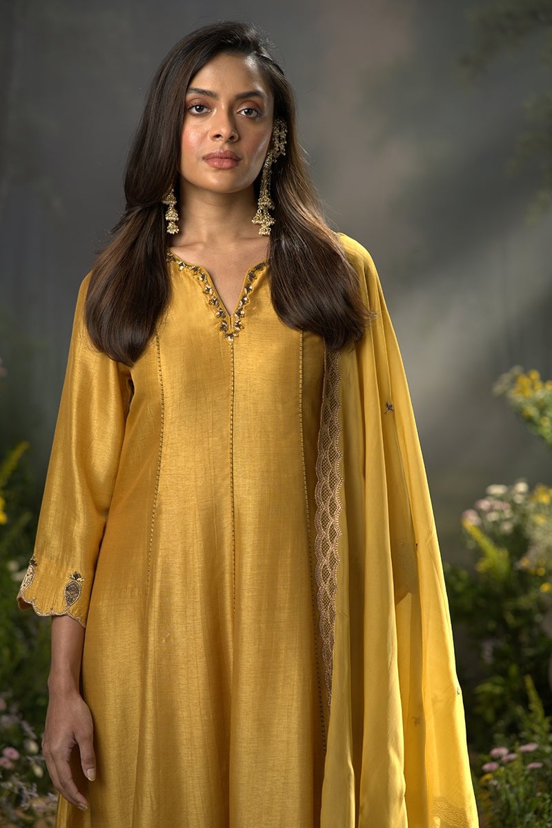 Honey Gold Raw Silk Anarkali Kurta Set with Dupatta