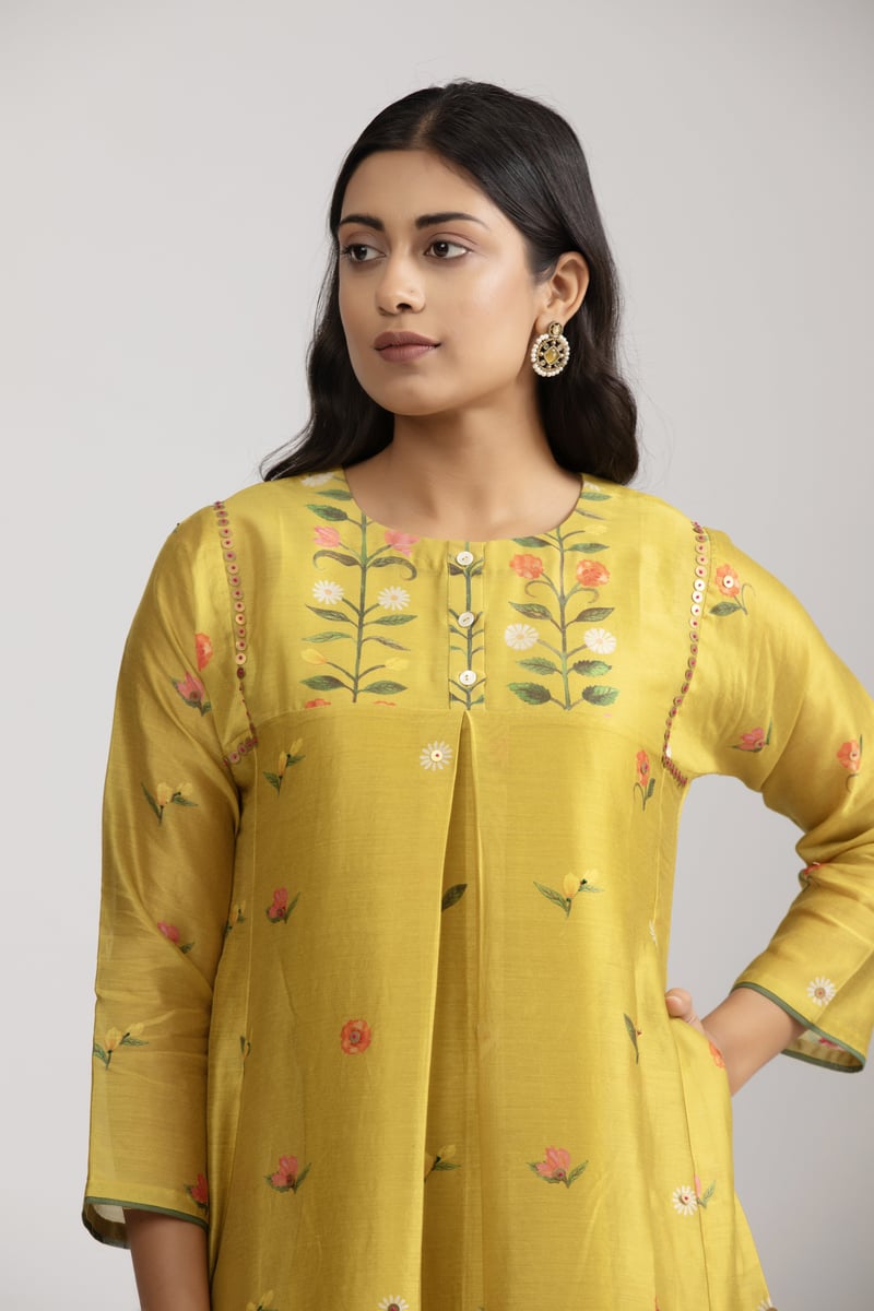 Mustard Yellow Silk Chanderi Floral Kurta Set (Set of 3)