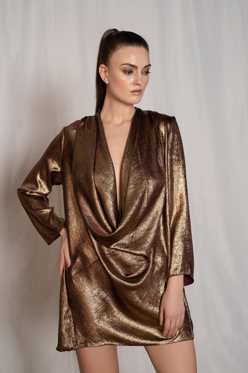 Gold Burgundy Metallic Cowl Neck Mini Dress
