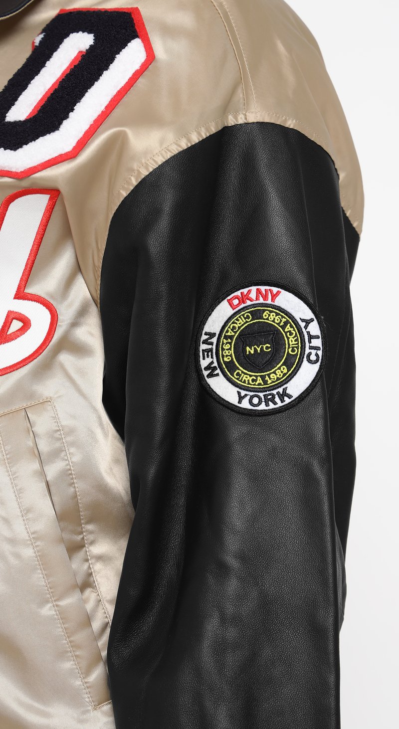 Beige and Black Colorblock Varsity Bomber Jacket