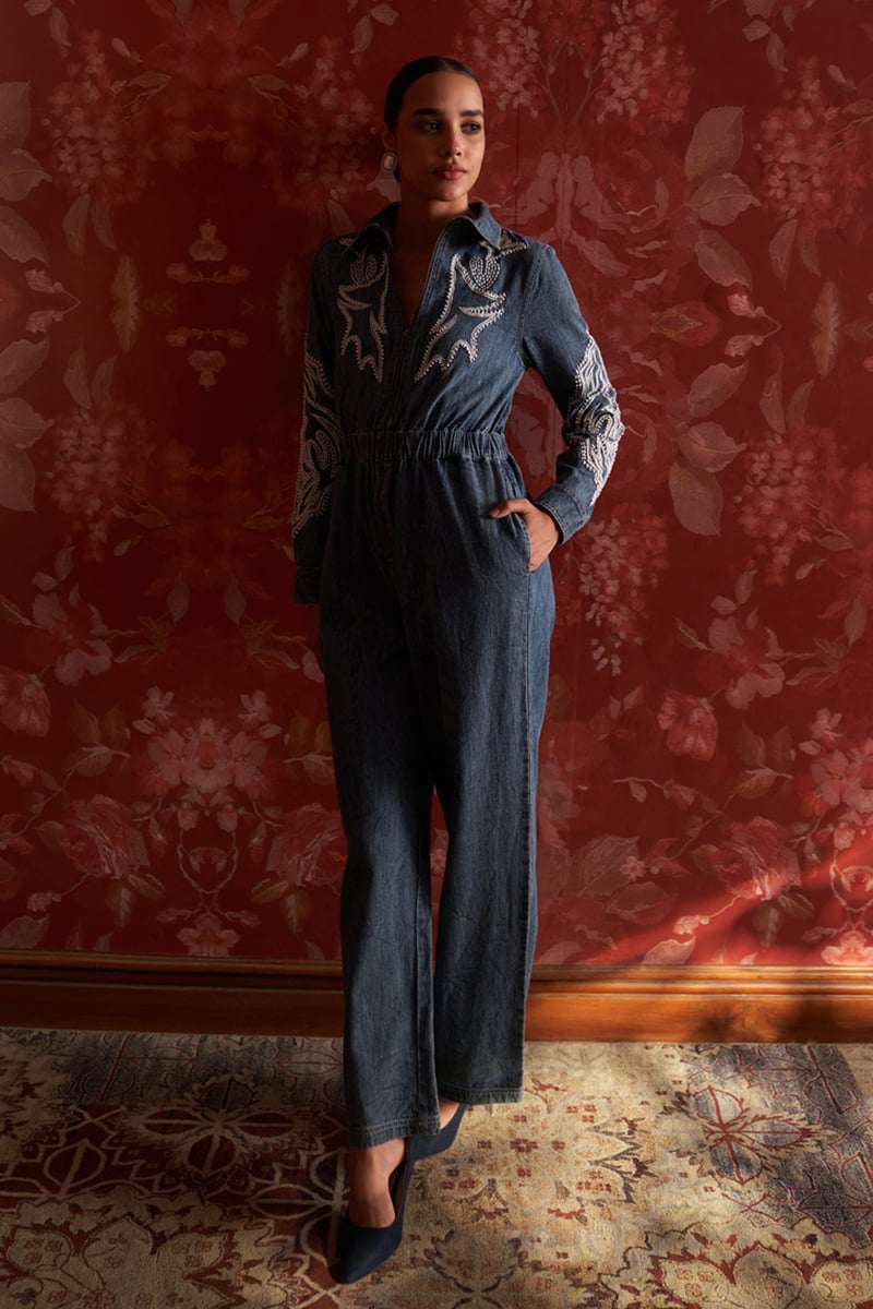 Blue Denim Zip-Front Embroidered Jumpsuit
