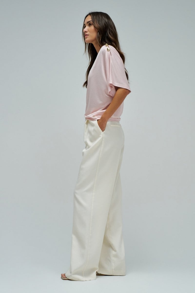Light Pink Shiny Asymmetrical Boat Neck T-Shirt