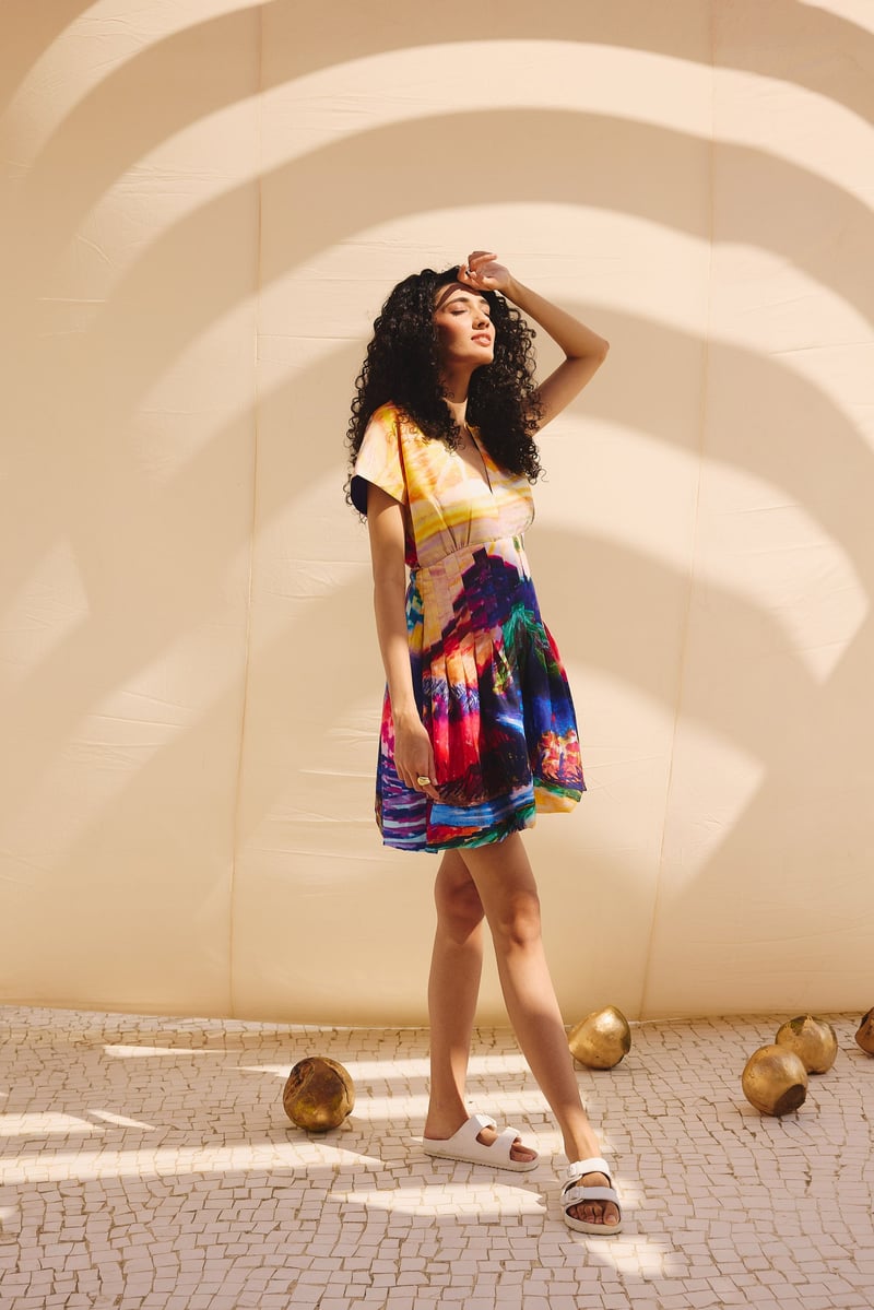 Multicolor Abstract Print Fit and Flare Mini Dress