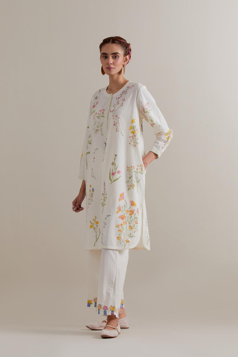 Off-White Floral Block Print Straight Kurta Set