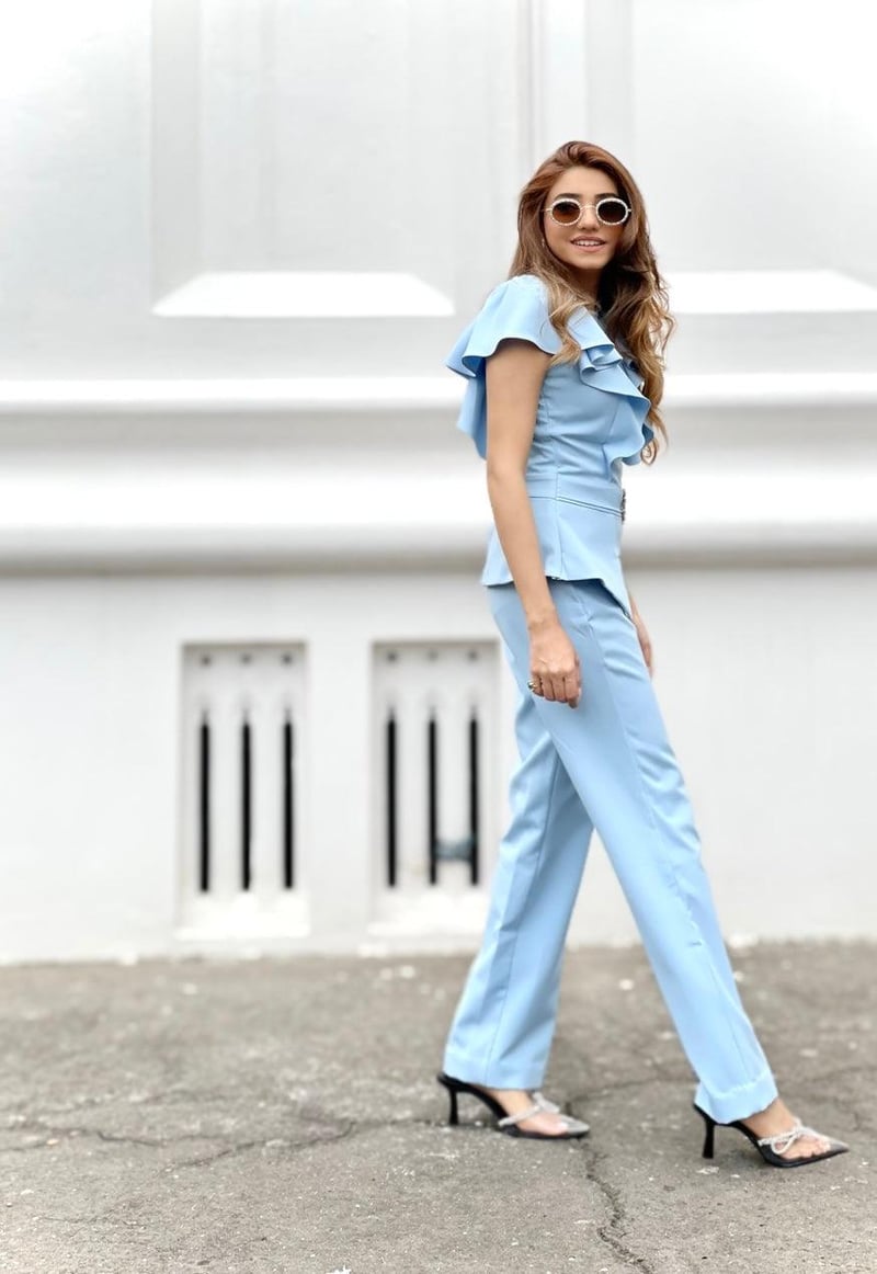 Ice Blue Ruffle Peplum Co-ord Set with Straight Pants