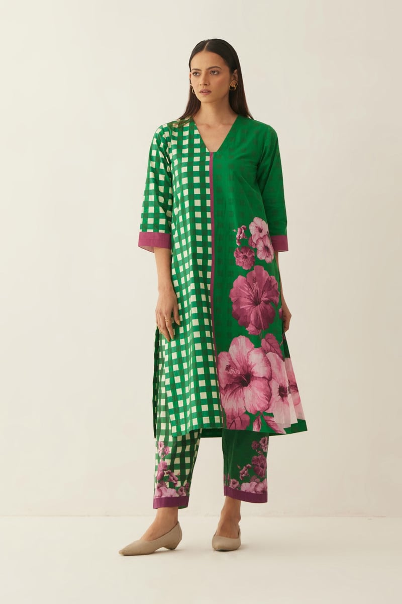 Green Cotton Gingham checks and floral co-ord set