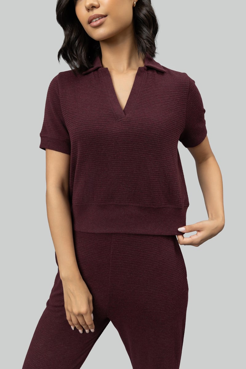 Burgundy Ottoman Rib Cropped Polo Top