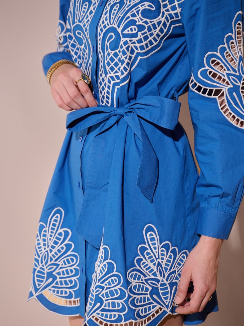 Blue Cutwork Belted Mini Shirt Dress