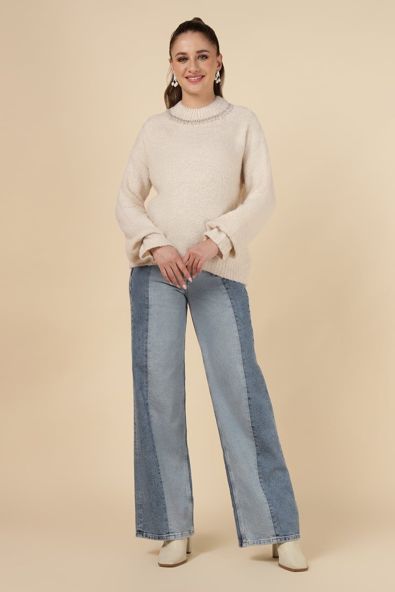 Beige Embellished Neck Pullover Sweater