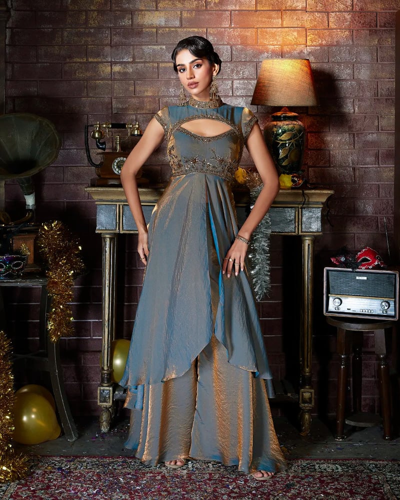 Twilight Dusk Shimmer Tissue Kurta Sharara Co-ord Set