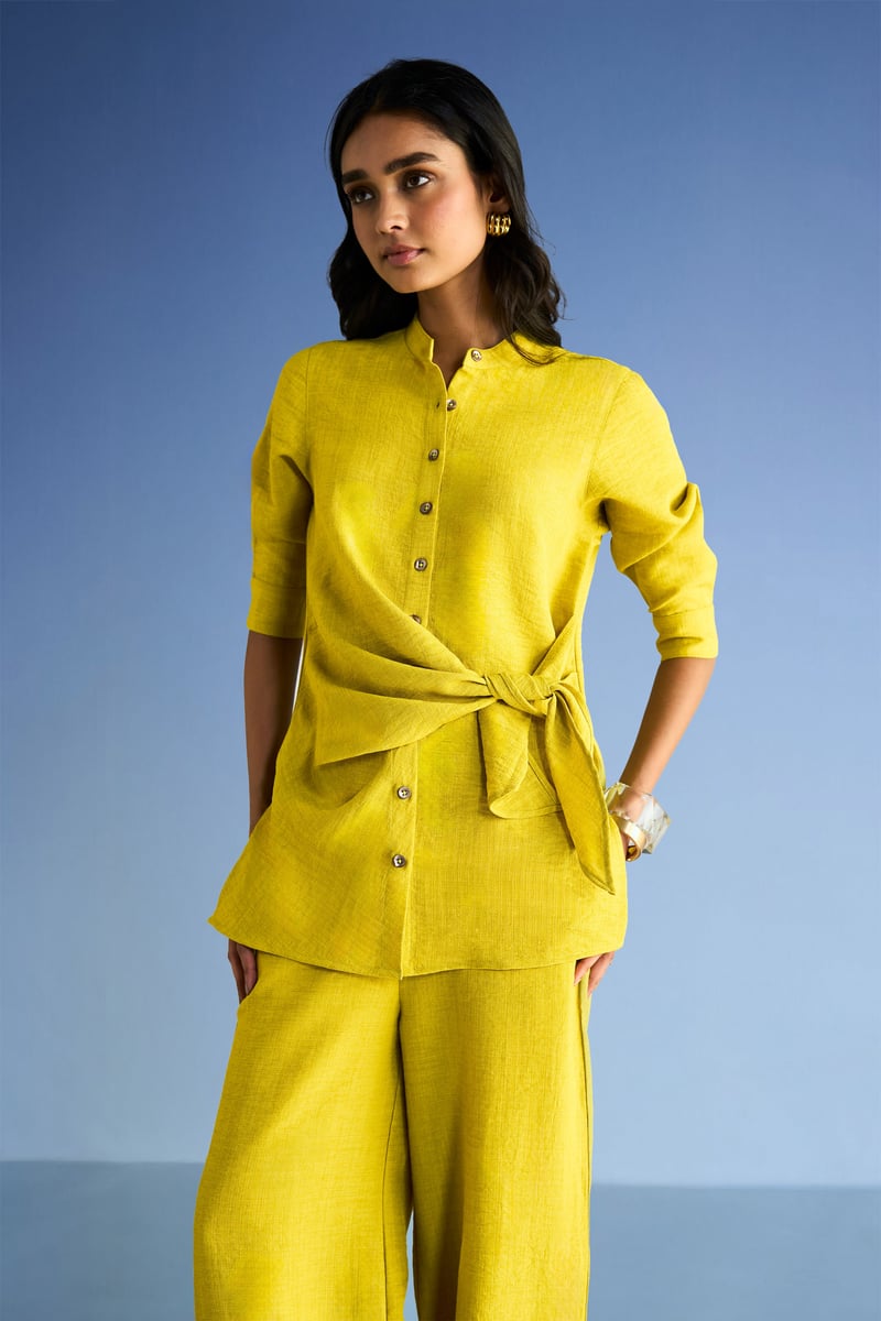 Chartreuse Linen-Blend Side-Tie Button-Down Longline Top
