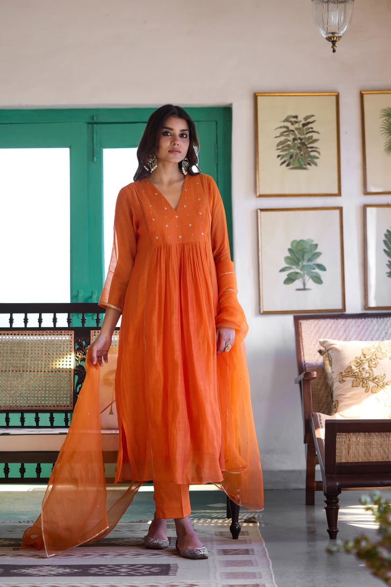 Orange Silk Chanderi Embroidered A-Line Kurta Set