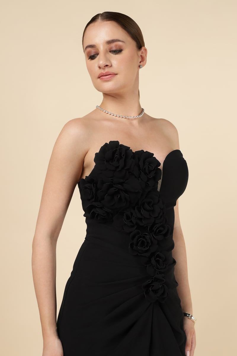 Black Strapless Sweetheart Maxi Gown with 3D Floral Applique