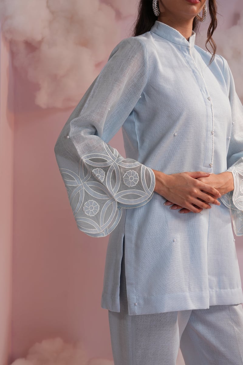 Powder Blue Linen Co-ord Set with Bell Sleeve Embroidery
