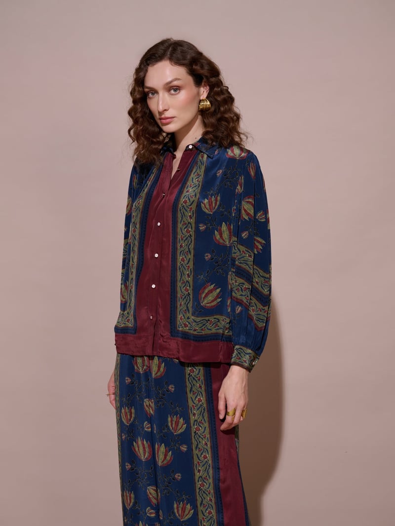 Blue Printed Mandarin Collar Button-Down Blouse