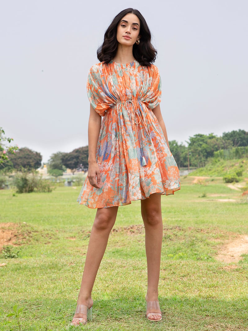 Orange Floral Pleated Kaftan Mini Dress