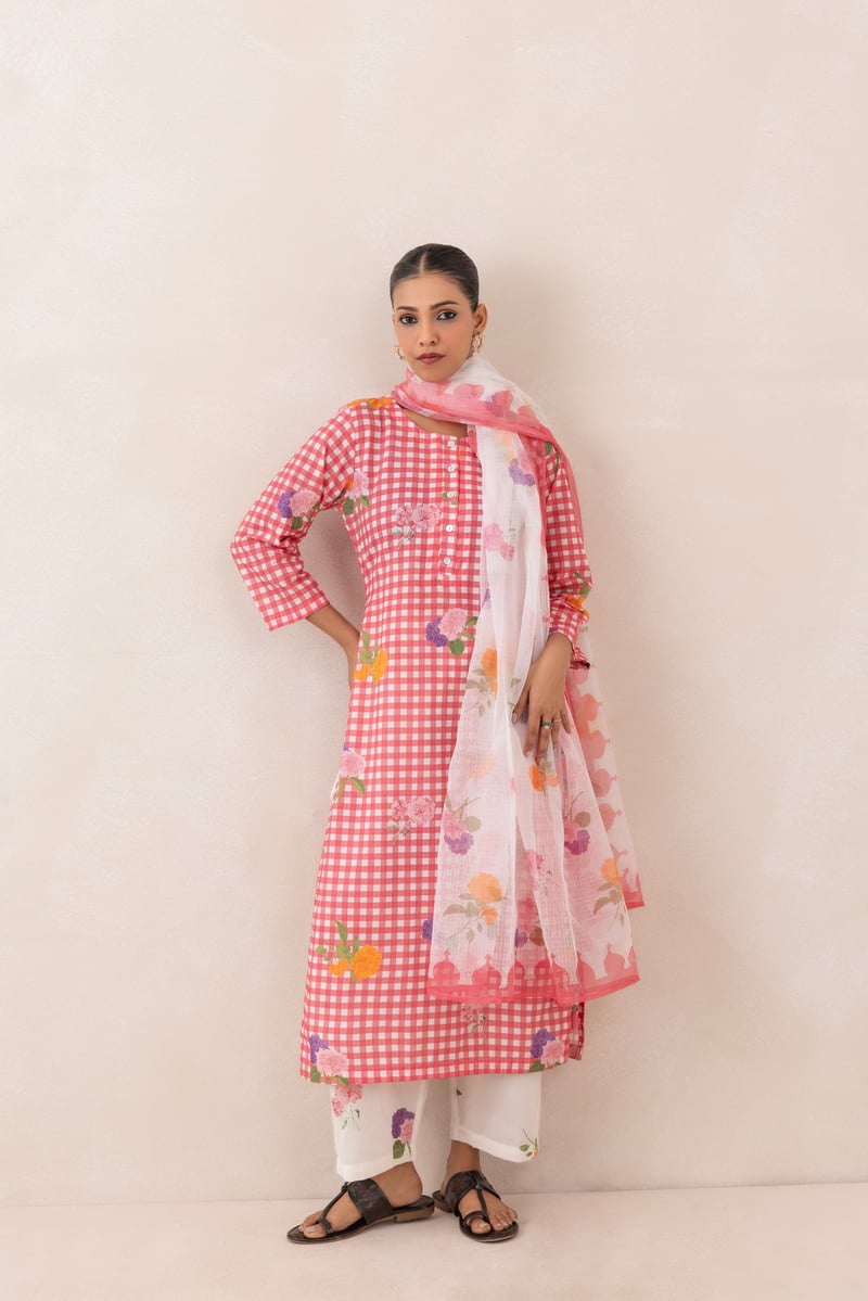 Pink and White Gingham Printed Cotton Kurta Set