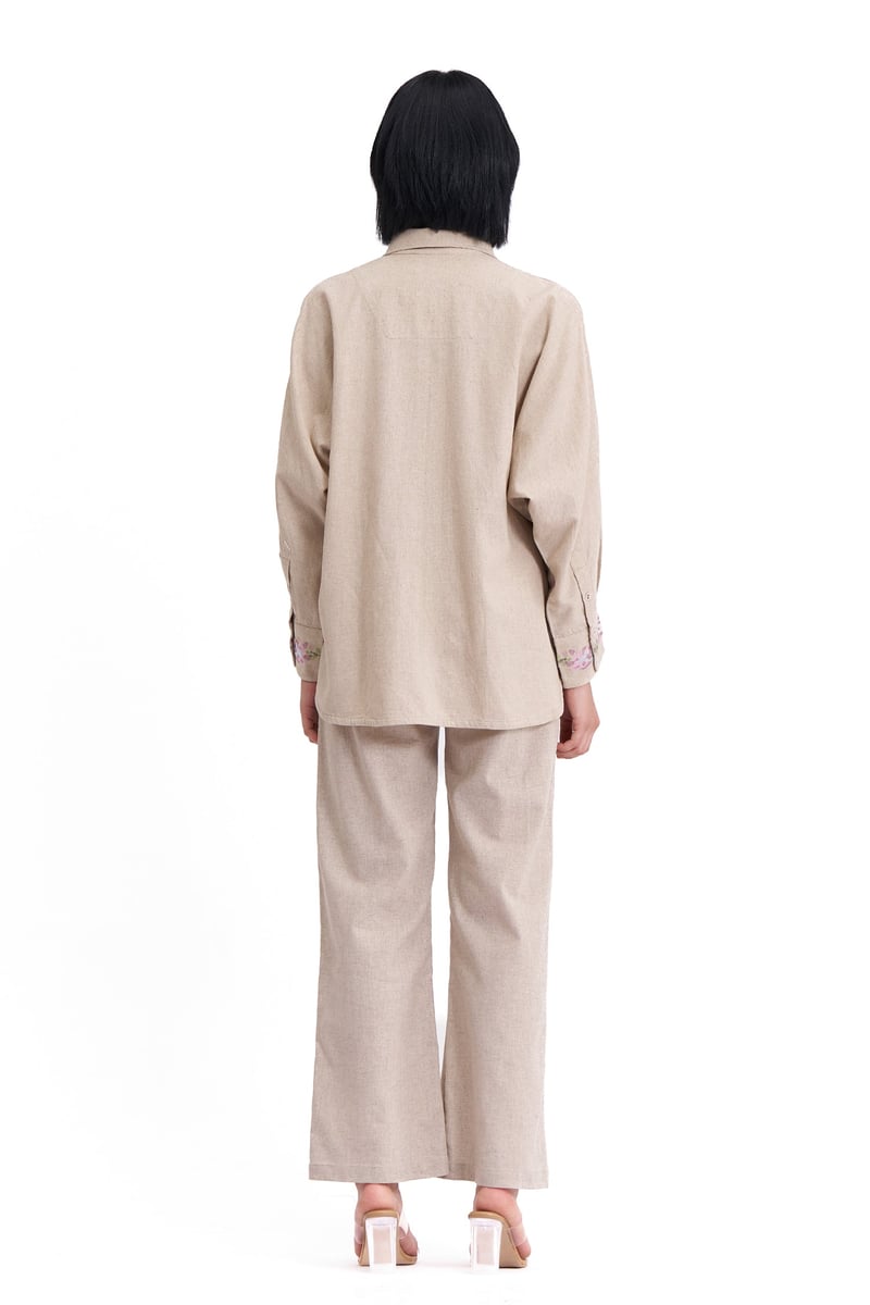 Natural Cotton Linen Embroidered Shirt and Pants Co-ord Set