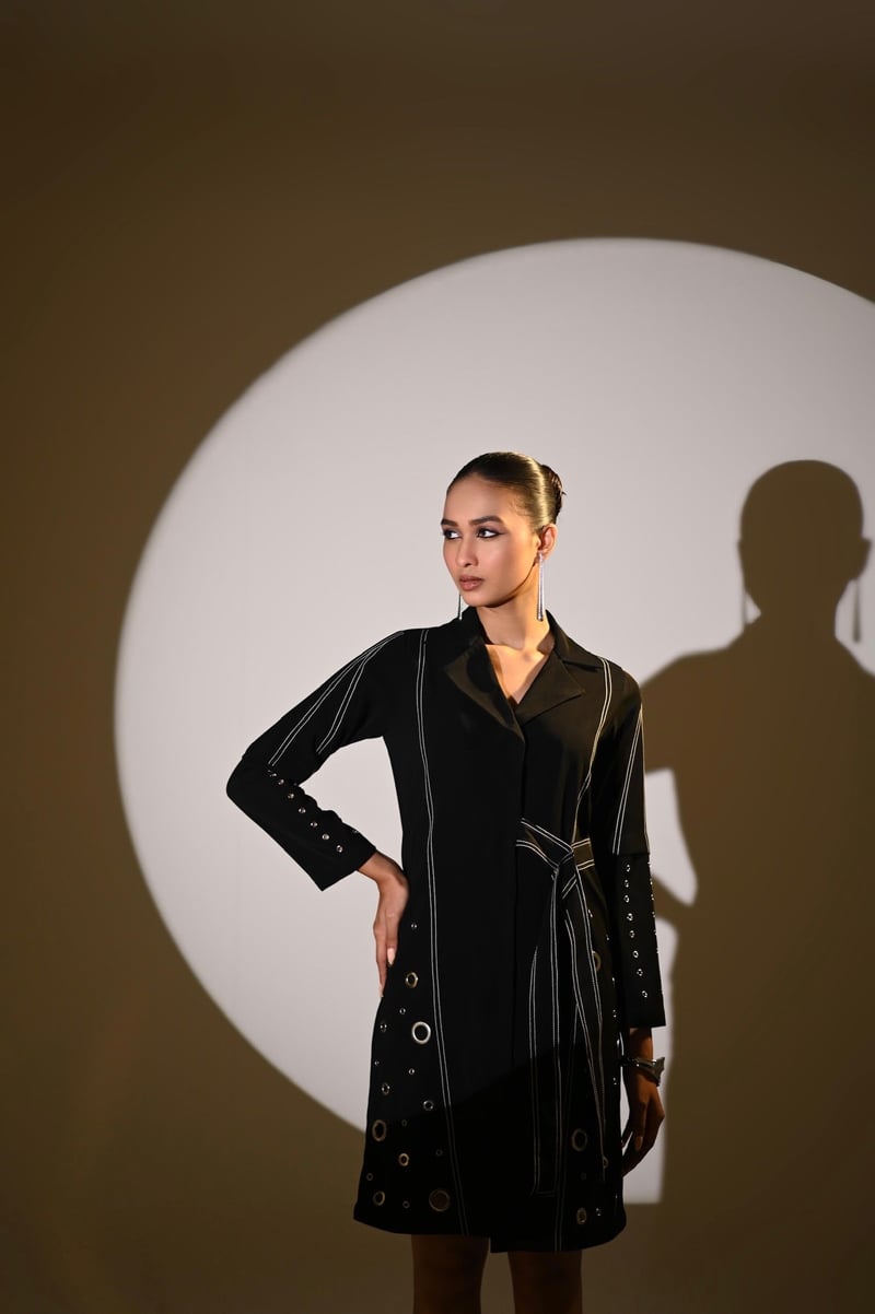 Black Knee-Length Shirt Dress with Contrast Stitch Detail