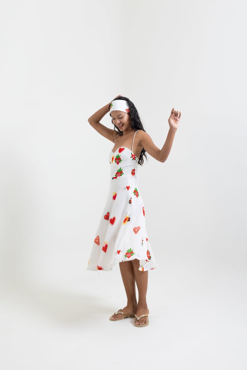 White Printed Fit and Flare Midi Dress with Sweetheart Neck