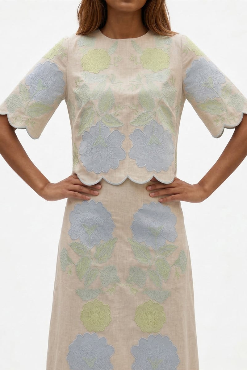 Sand Linen Applique Top and Midi Skirt Co-ord Set