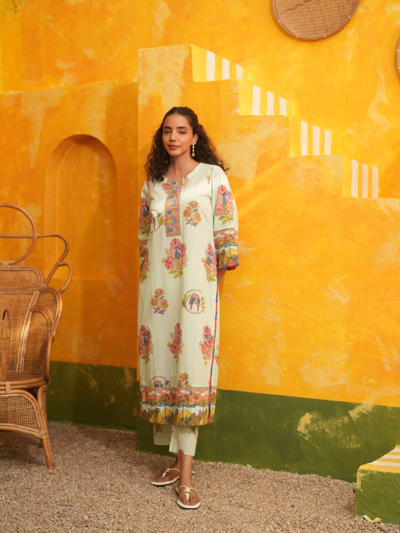 Cool Mint Tropical Print Straight Kurta Set with Pants