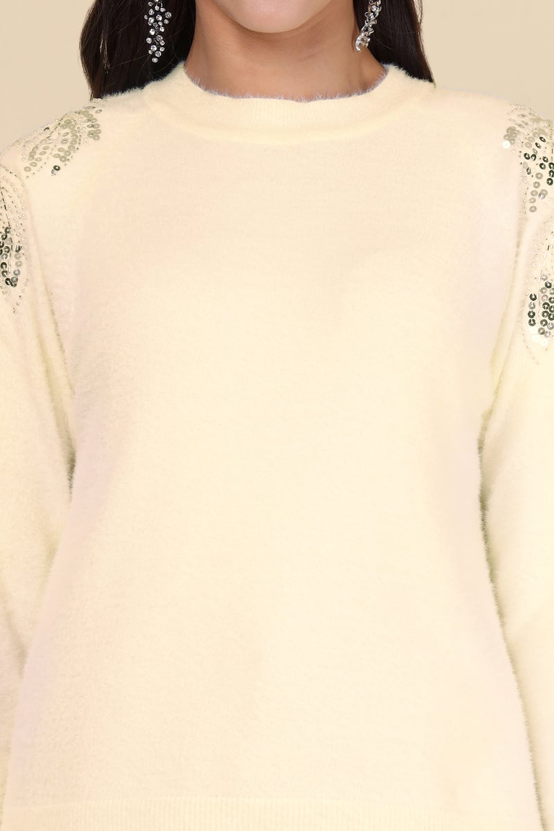 Ivory Sequin Sleeve Round Neck Pullover Sweater