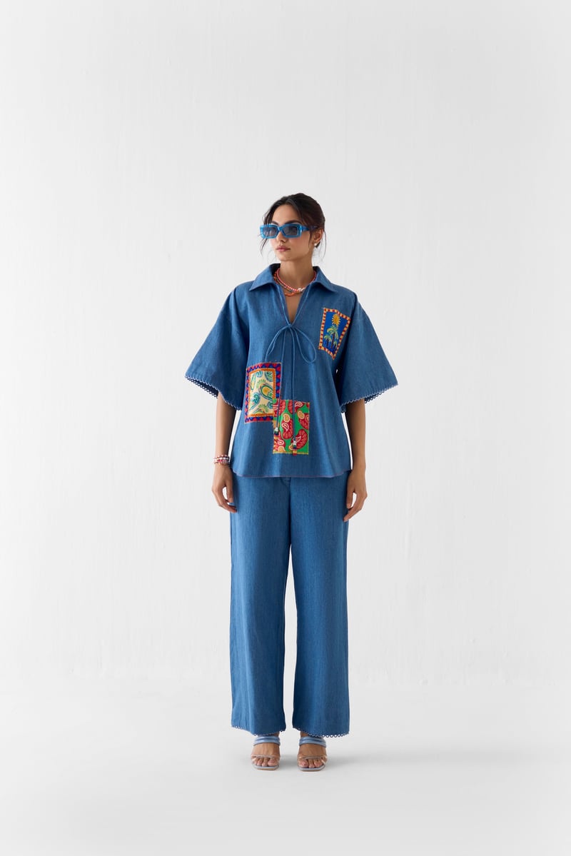 Denim Blue Patchwork Shirt and Trousers Co-ord Set — Studio Rigu