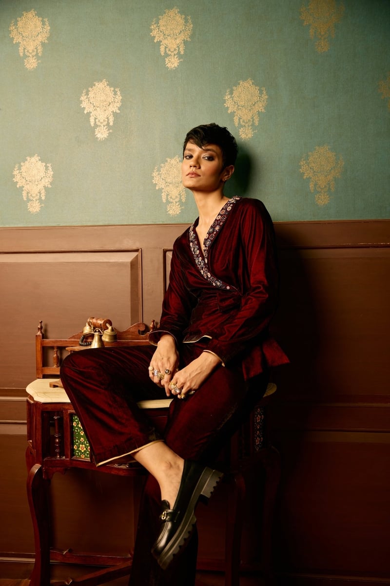 Maroon Micro Velvet Wrap Jumpsuit with Embellished Lapel