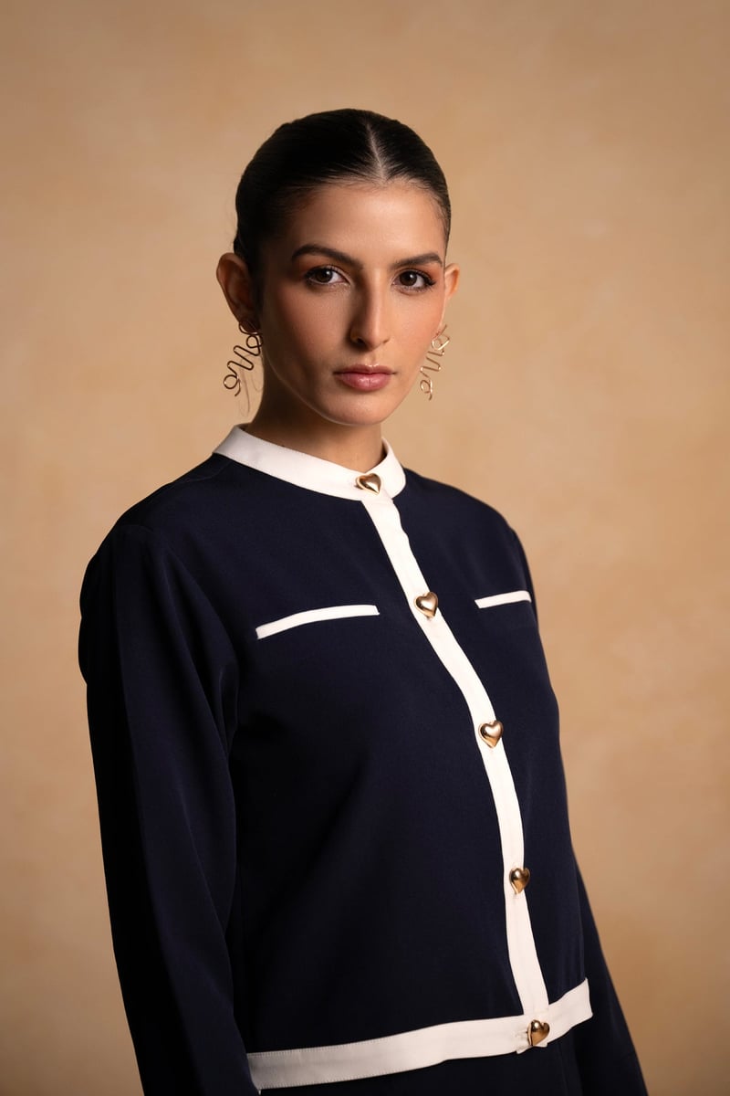 Navy Blue Contrast Trim Co-ord Set with Wide-Leg Pants
