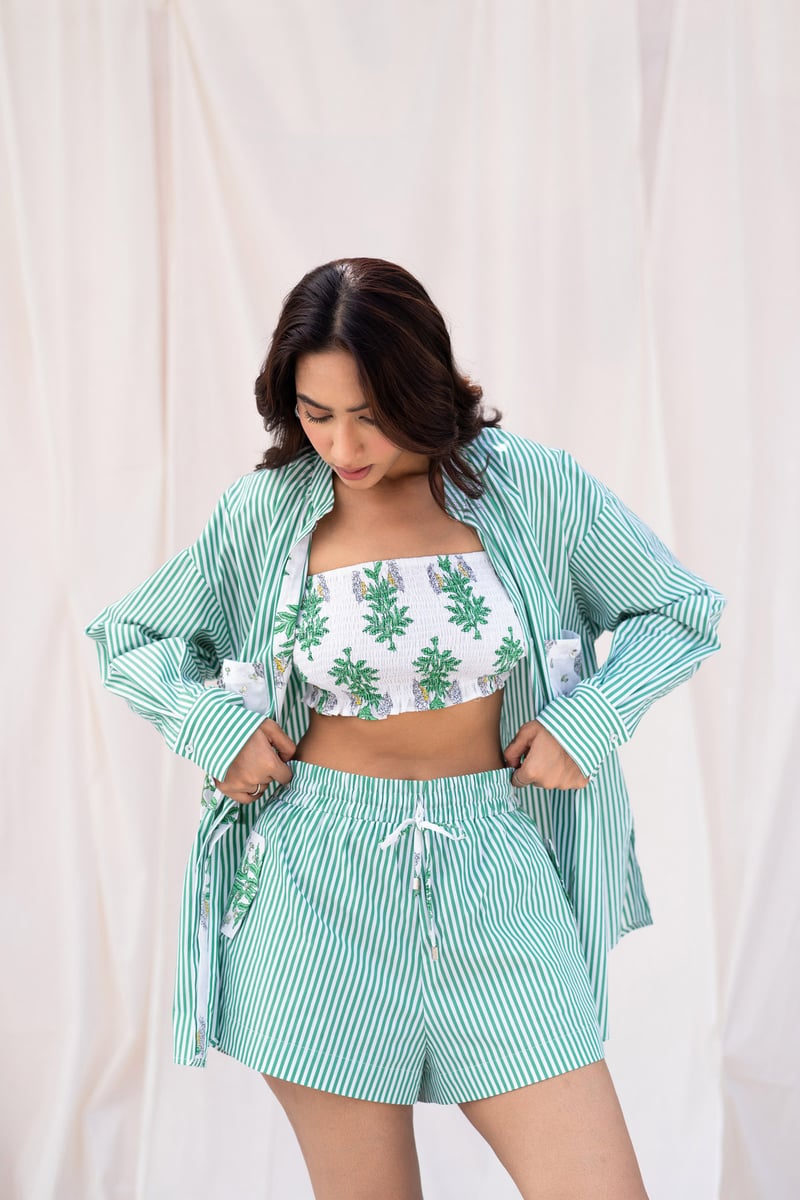 Green and White Striped Oversized Shirt with Embroidered Pockets