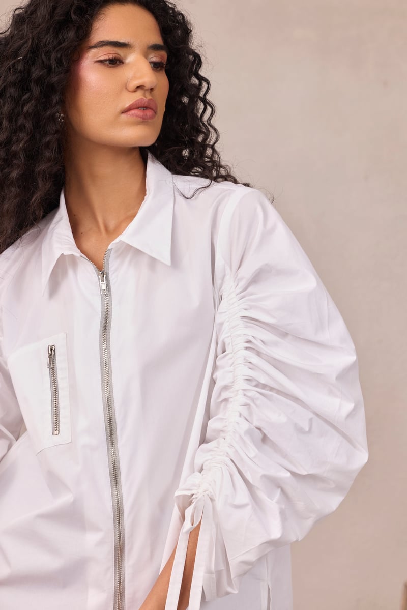Lavender Ruched Sleeve Zip-Front Shirt