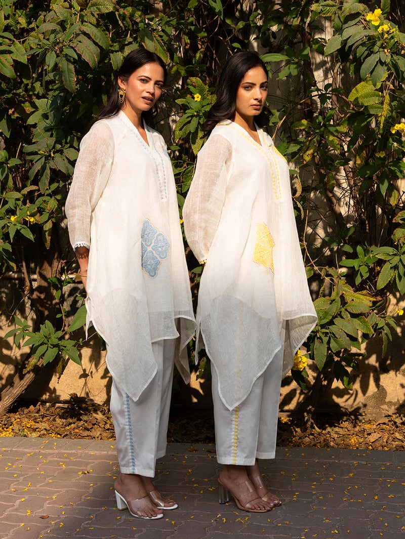 White and Yellow Linen Asymmetric Tunic Co-ord Set