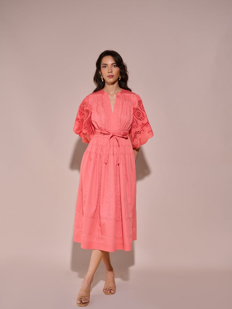 Pink Tiered Midi Dress with Schiffli Sleeves and Belt