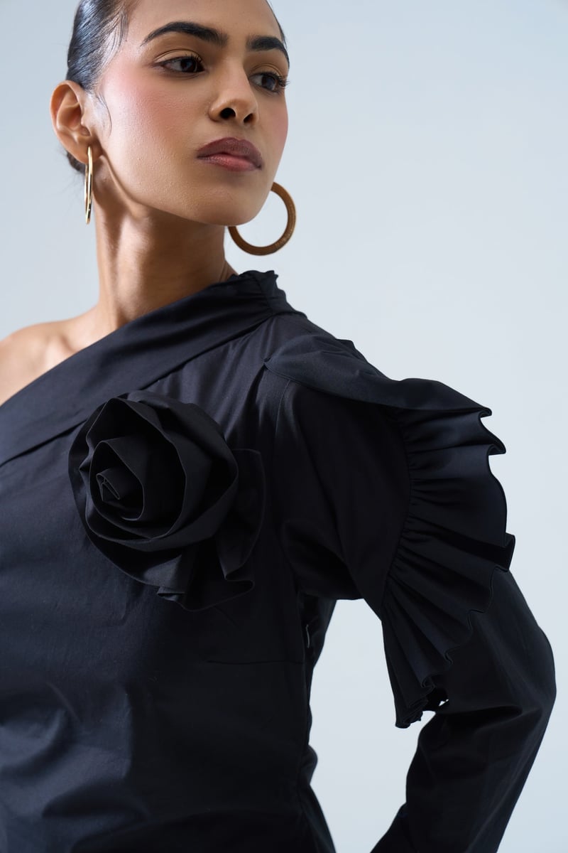 Black One-Shoulder Top with Sculpted Floral Detail