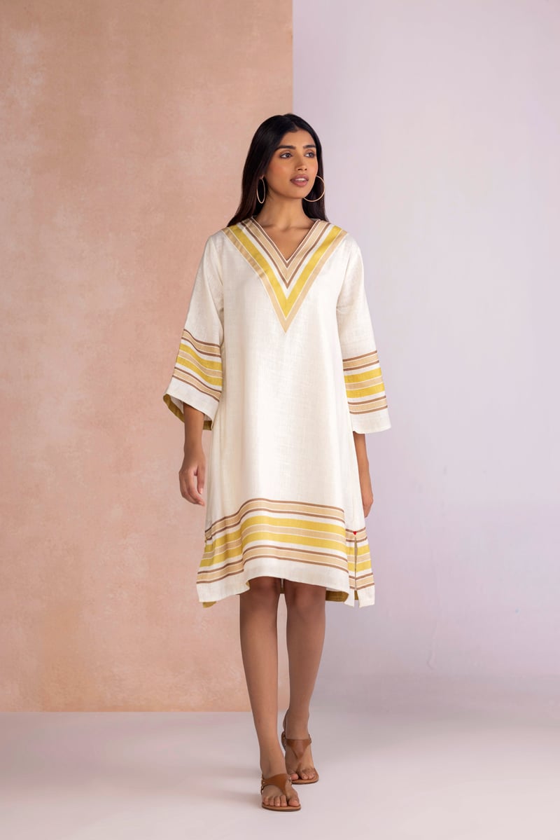 Earth Linen-Blend V-Neck Stripe Border Knee-Length Dress