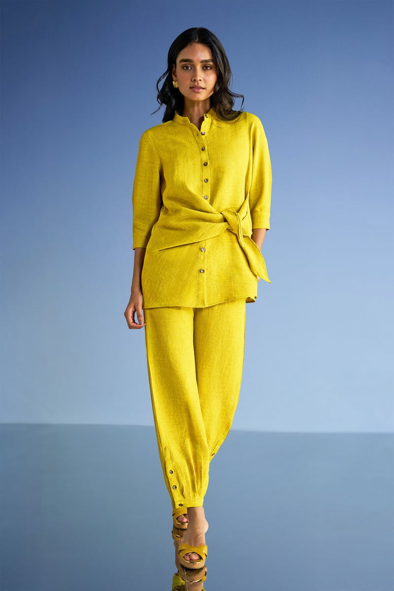 Chartreuse Linen-Blend Relaxed Fit Pleated Cuff Trousers