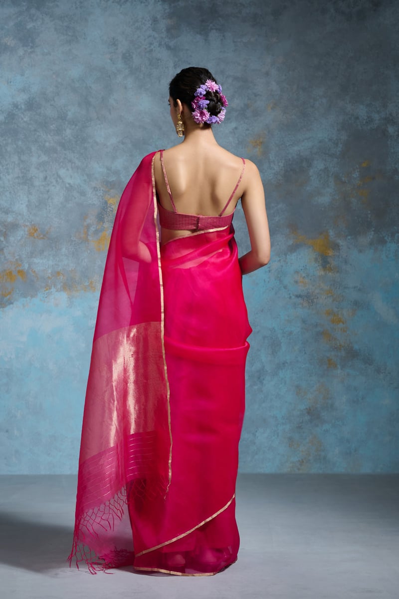 Hot Pink Organza Saree with Zari Border