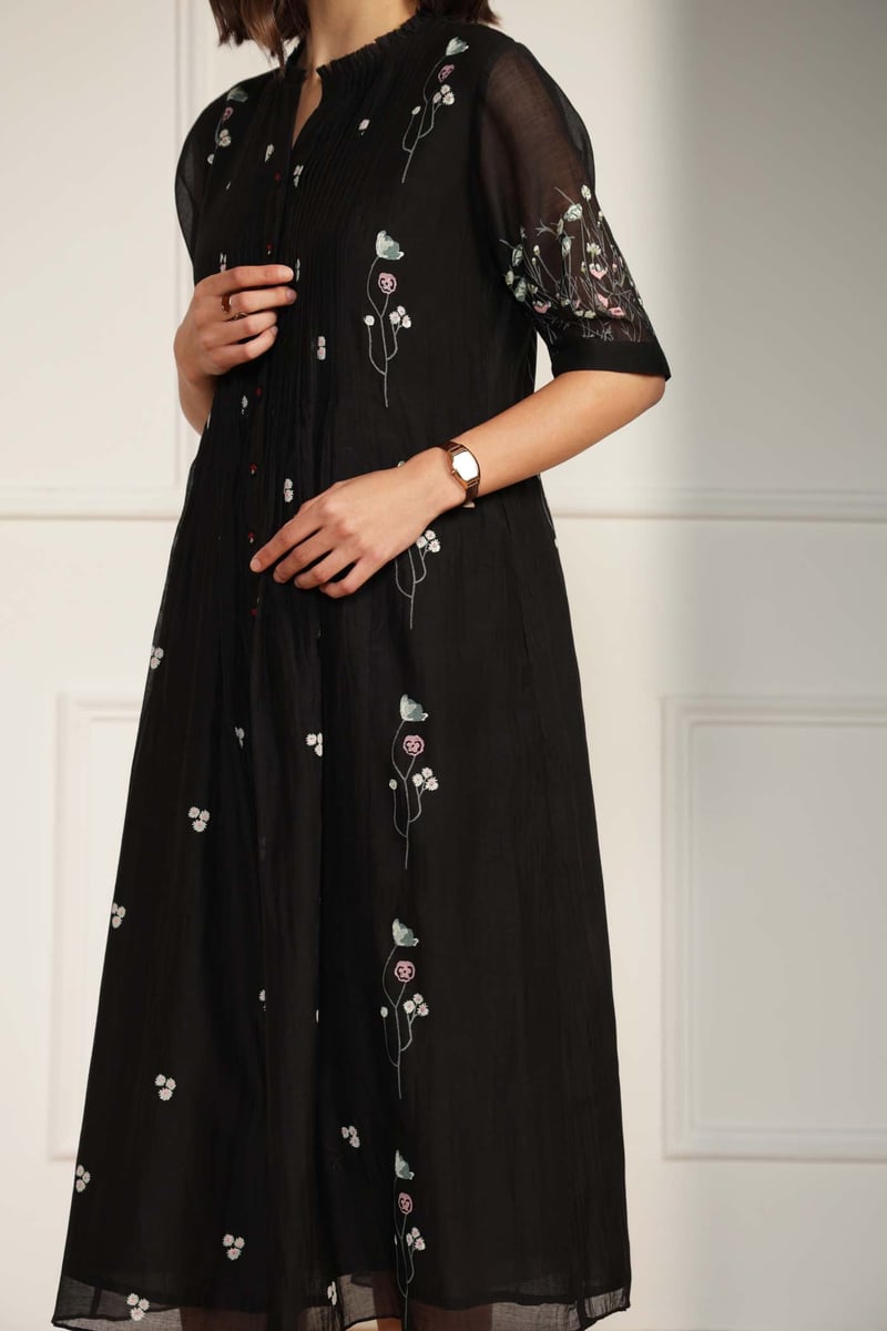Black Cotton Chanderi Block Print Pleated Midi Dress
