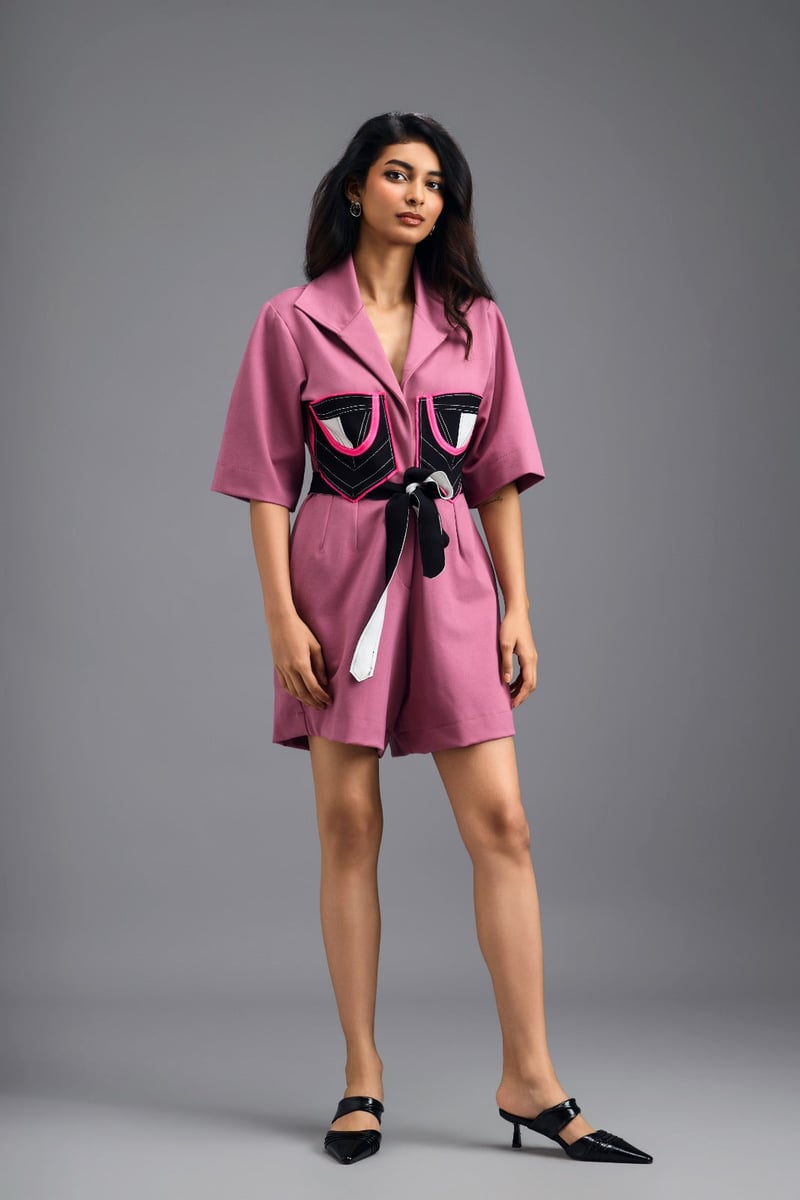 Pink Tailored Playsuit with Colour-Block Pocket Panels