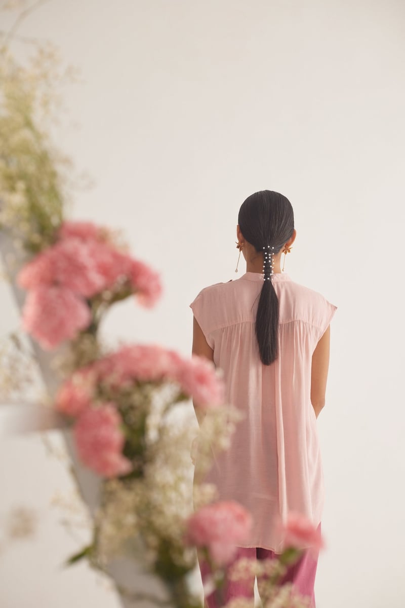 Peach Sheer Voile Top with Floral Embroidery